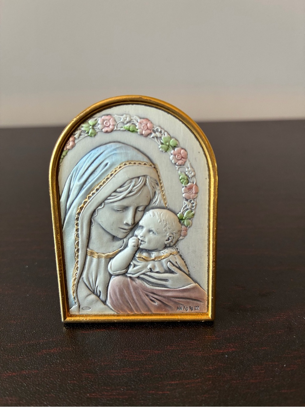 Religious Madonna and Child Italian Silver Embossed Miniature plaque